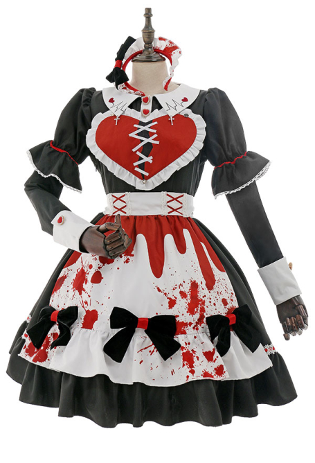 Halloween Gothic Maid Dress Heart Bow Pattern Dress and Apron with Sleeves and Headdress