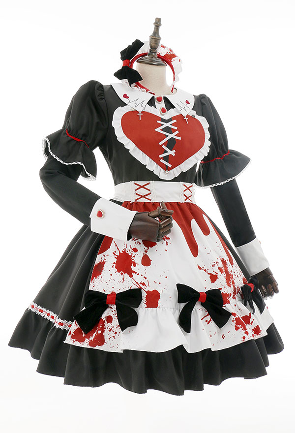 Maid Kleid Cosplay Herz Halloween Maid Rüschen Puffärmel Schürze Crisscross Stirnband Kleid