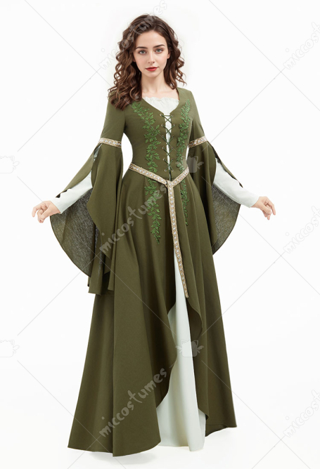 The Lord of the Rings Medieval Vintage Kleid Renaissance Feen Langes Kleid mit Weiten Ärmeln Gürtel