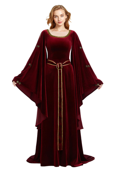 Medieval Renaissance Wicked Witch Costume Velvet Wide Sleeve Dress with Belt