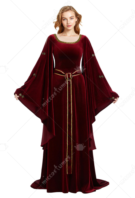 Medieval Renaissance Wicked Witch Costume Velvet Wide Sleeve Dress with Belt