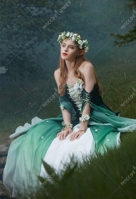 Medieval Flower Fairy Green Gradient Tube Dress Renaissance Fantasy Costume Outer Dress with Sleeves