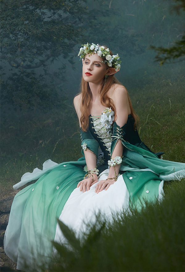 Medieval Flower Fairy Green Gradient Tube Dress Renaissance Fantasy Costume  Outer Dress with Sleeves