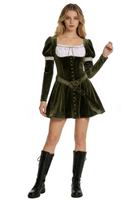 Renaissance Costume Medieval Puff Sleeves Short Velvet Dress with Belt