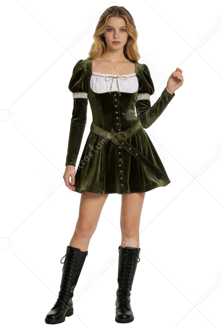Renaissance Costume Medieval Puff Sleeves Short Velvet Dress with Belt