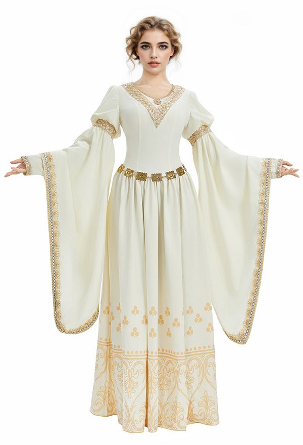 white and gold medieval dress Princess Renaissance Queen Costume Oil Painting with Waist Chain Brooch DEPARTMENT: APPAREL
