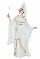Medieval Princess White Gown Renaissance Costume Maxi Dress with Gold Lace and Pointed Hennin Hat