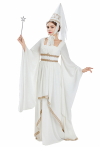 Medieval Princess White Gown Renaissance Costume Maxi Dress with Gold Lace and Pointed Hennin Hat