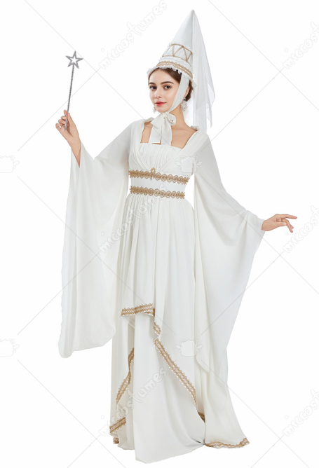 Medieval Princess White Gown Renaissance Costume Maxi Dress with Gold Lace and Pointed Hennin Hat