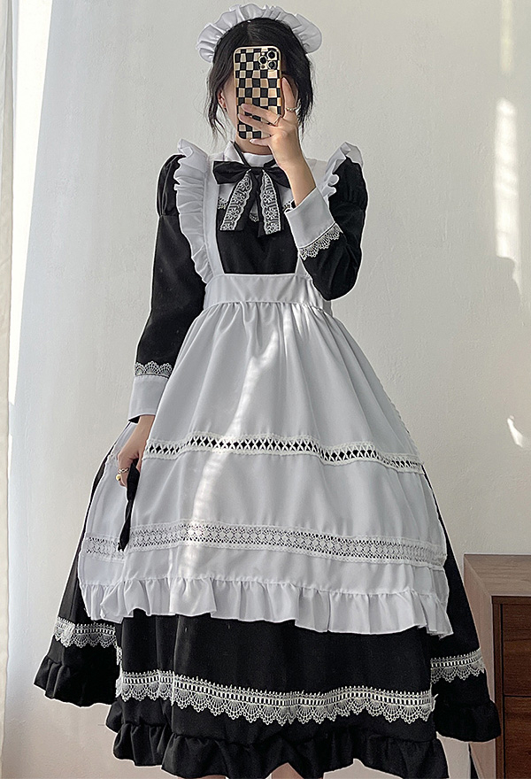 Kawaii Maid Kostüme Cosplay Schleife Spitze Lange Kleid Lange Arm Cosplay in Schwarz