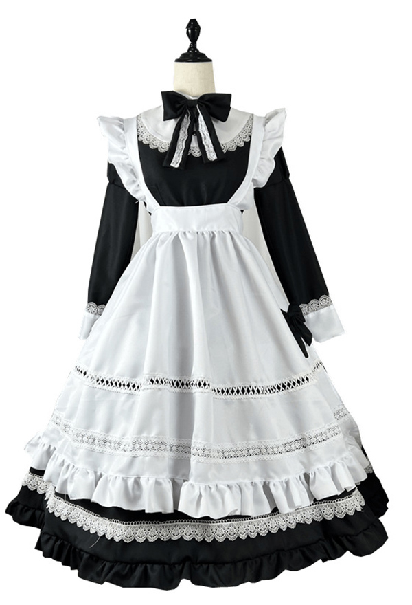 Kawaii Maid Kostüme Cosplay Schleife Spitze Lange Kleid Lange Arm Cosplay in Schwarz