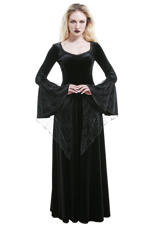 Dunkler Stil Gothic Kleid Samt Halloween Kostüm Hexenkleid Ausgestellte Ärmel Mittelalterliches Niedriger Kragen mit Spitze Kostüm