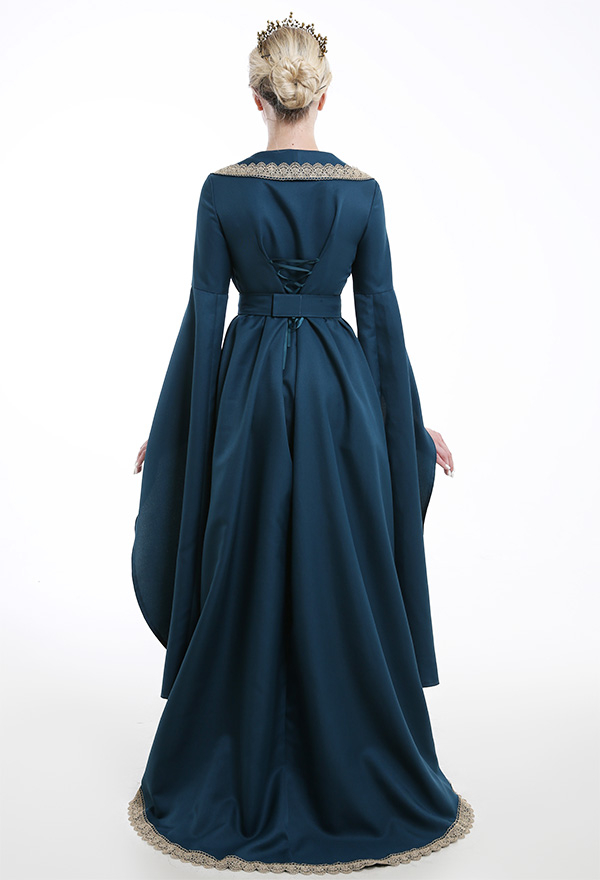 Elfenkleid Ausgestellte Ärmel Hexenkleid Renaissance Cosplay 13. Jahrhundert Kleid mit Spitze Halloween Niedriger Kragen Party Kostüm