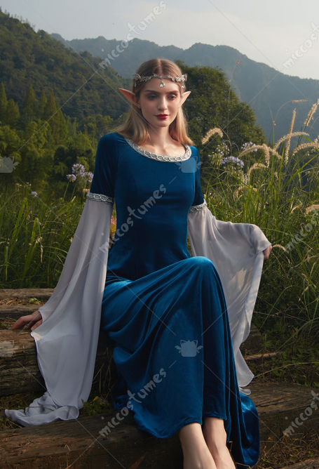 Robe Médiévale Rétro Costume Historique Manuel en Velours Bleu Foncé à Manches en Mousseline