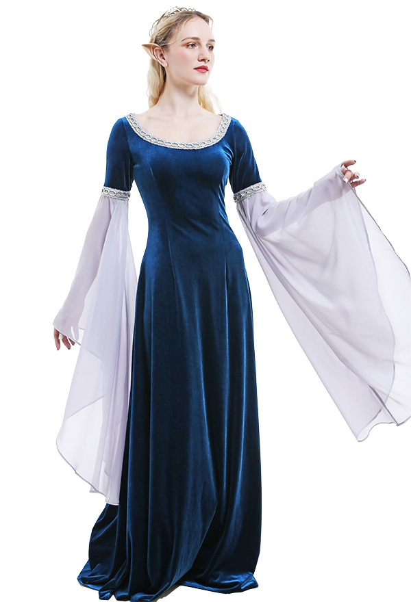 Traje Medieval Vestido Histórico Hecho a Mano Vestido Retro Elfo de Hadas Terciopelo Azul Oscuro con Mangas de Gasa