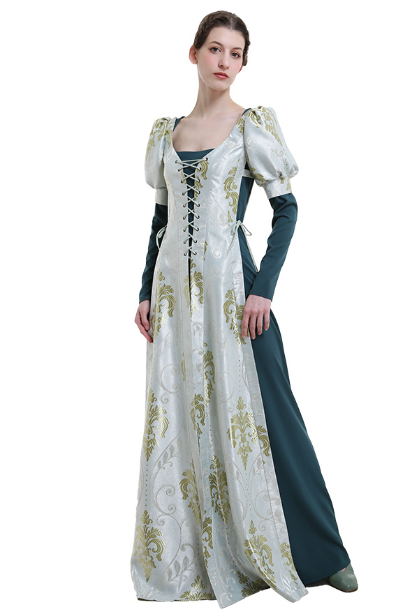 Costume Médiéval Renaissance Robe Manteau Historique Manuel de Style Royal avec Impression Rétro