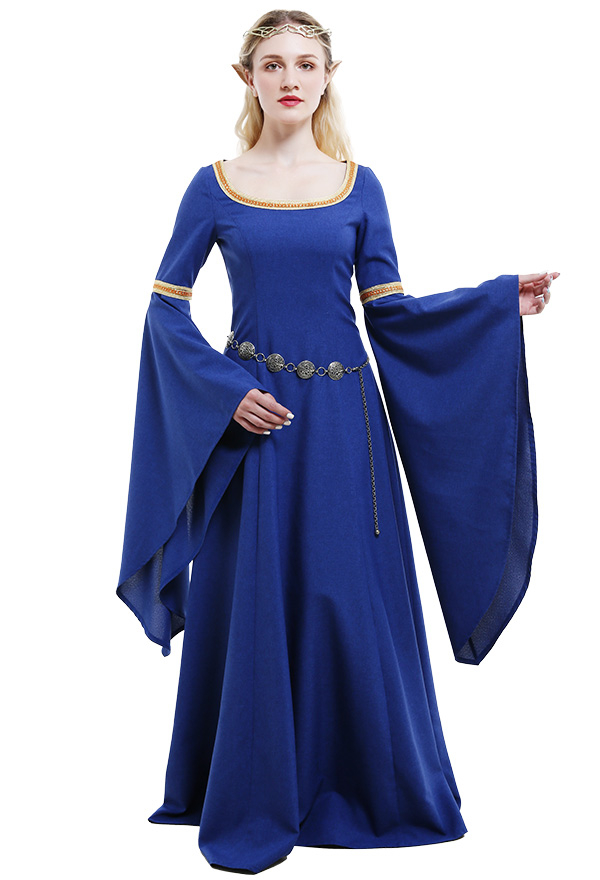 Mittelalterliches Langes Rundhals Kleid Niedriger Kragen Retro Renaissance Ausgestellte Ärmel Elfenkleid Binde Kostüme