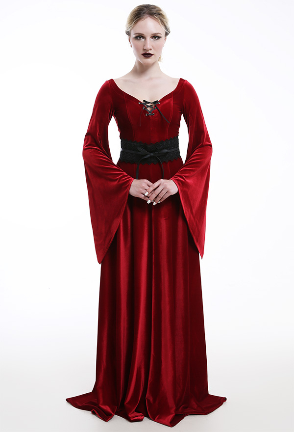 Robe Médiéval Costume Renaissance Gothique Manuel Elfe Sorcière en Velours Rouge