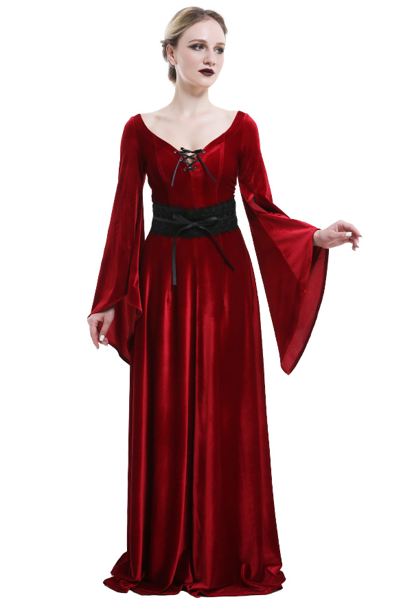 Retro Renaissance Criss Kreuz Seil Kleid Lange Ärme Gothic Samt Niedriger Kragen Rote Elfenkleid Kostüme