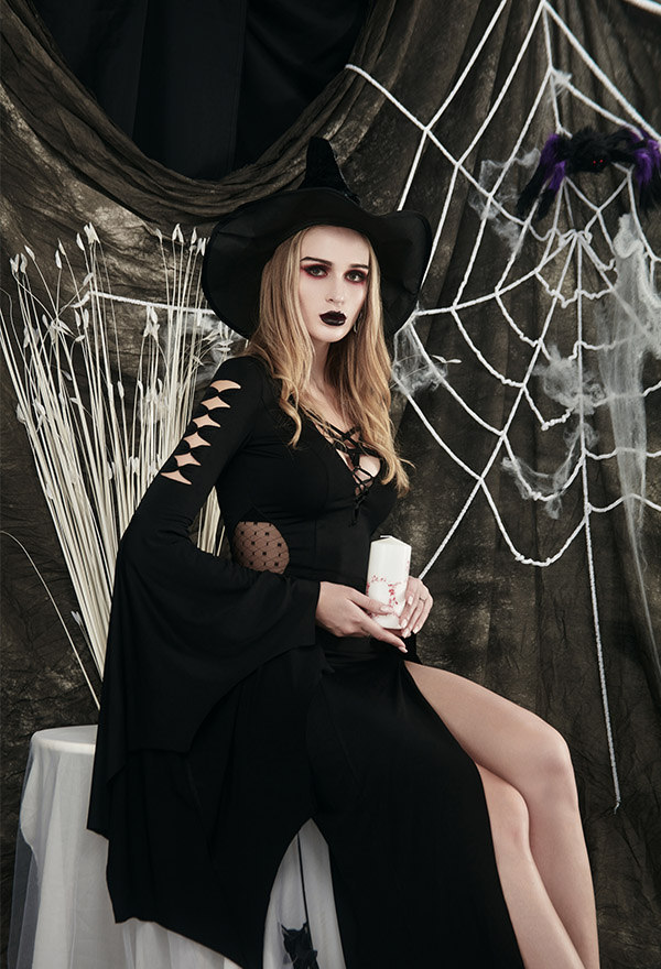 Robe Halloween Cosplay Style Noir Vintage Élégante Gothique Fente Latérale Col V en Dentelle Chauve-souris Sorcière en Maille à Manches Longues