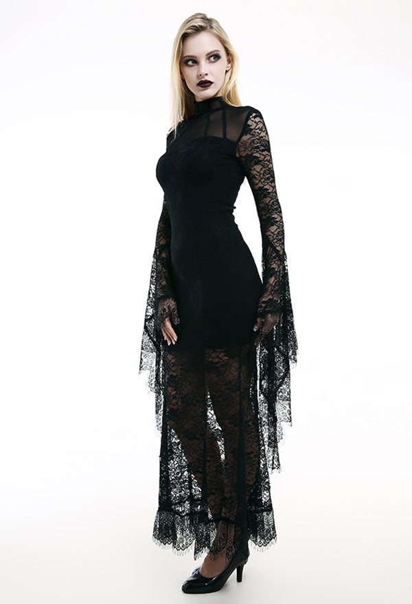 Gothic Contrast Lace Solid Dress, Dark Style Tie Front Long Sleeve Dress  With Floral Decor, Women's Clothing