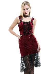 Viktorianisches Teufel Vampir Kleid Gothic Samt Rot-Goldener Diamant Ärmellos Burgunder Meerjungfrau Kleid für Halloween Party