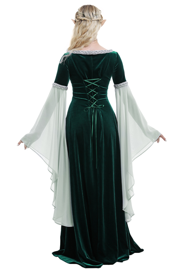 Medieval Costume Historical Dress Retro Fairy Elf Dark Green Velvet Gown with Chiffon Sleeves