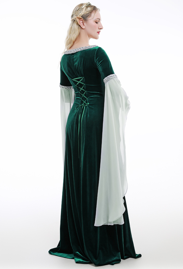 Medieval Costume Historical Dress Retro Fairy Elf Dark Green Velvet Gown with Chiffon Sleeves