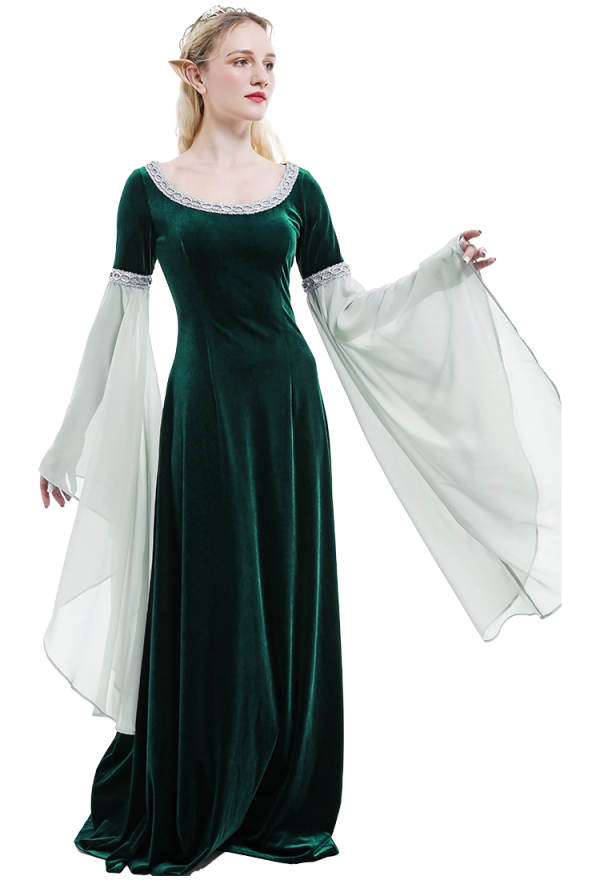 Medieval Costume Historical Dress Retro Fairy Elf Dark Green Velvet Gown with Chiffon Sleeves