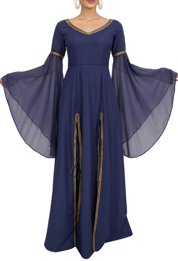 Elfenkleid Mittelalter Kleidung Retro Stil Blau V Ausschnitt Kleid Cutout Criss Cross Schnürung Lange Kleid mit Ausgestellte Ärmel