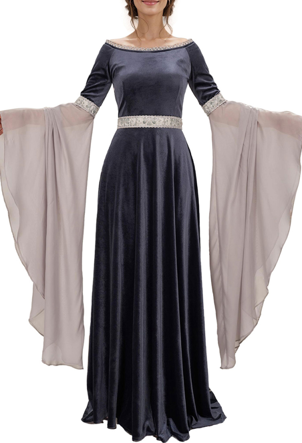 Medieval Fantasy Dress Grey Retro Costume Forest Fairy Elf Velvet Gown