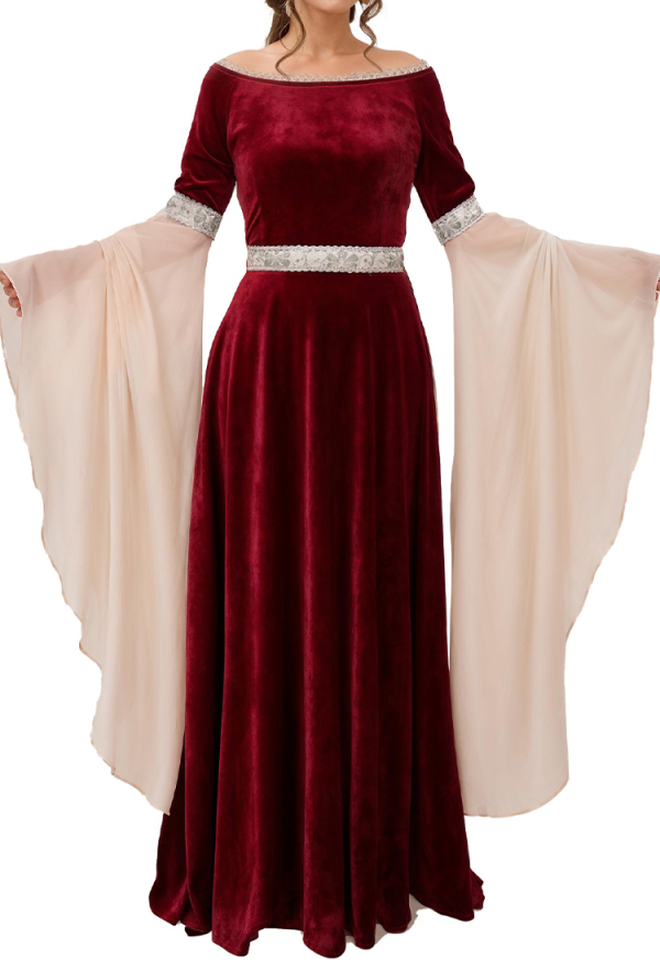 Robe Fantaisie Médiévale Rouge Costume Rétro Forêt fée Elfe Robe en Velours