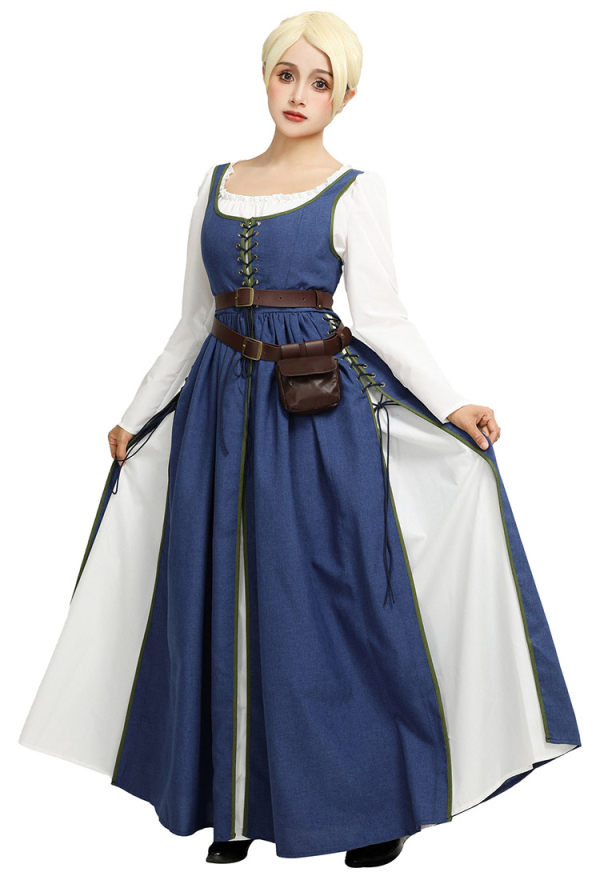 Mittelalterliches Renaissance Kleid Vintage langes Kleid mit Gürtel und Hüfttasche Cosplay Kostüm