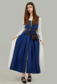 Medieval Renaissance Dress Vintage Long Dress with Belt and Waist Bag Cosplay Costume