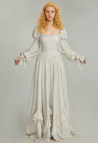 Medieval Renaissance Dress Princess Style White Long Sleeve Off Shoulder Dress with Ruffle Hem