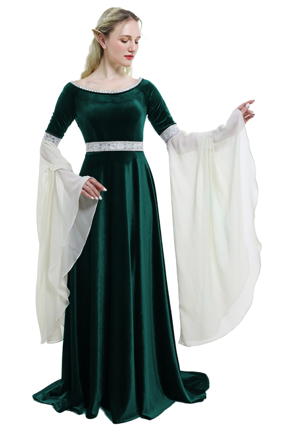 Renaissance Mittelalter Kleid Handgefertigt Vintage Waldfee Elfe Samt Dunkelgrün Abendkleid Cosplay Kostüm