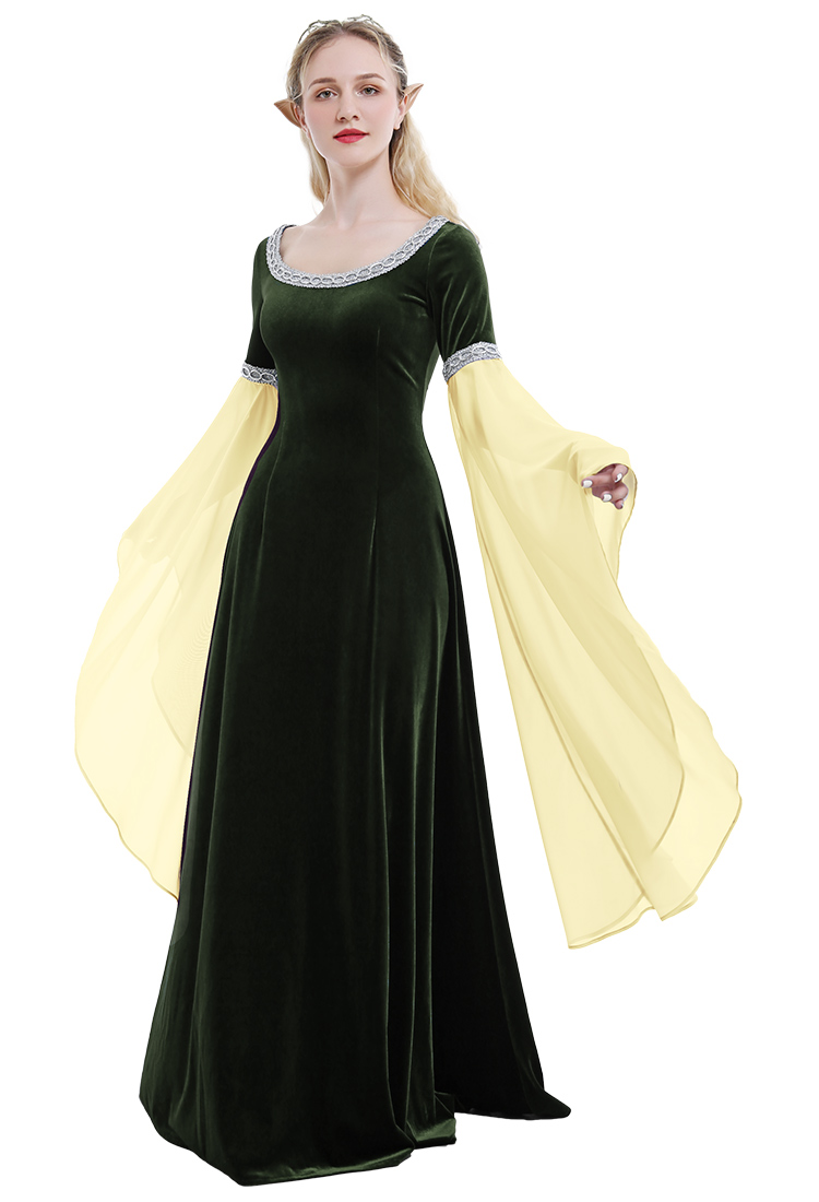 Renaissance Medieval Dress Handmade Vintage Forest Fairy Elf Velvet Back Lace-up Green Evening Dress Cosplay Costume