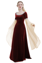 Renaissance Médiévale Robe Main Vintage Forêt Fée Elf Velours Retour Dentelle Vin Rouge Robe de Soirée