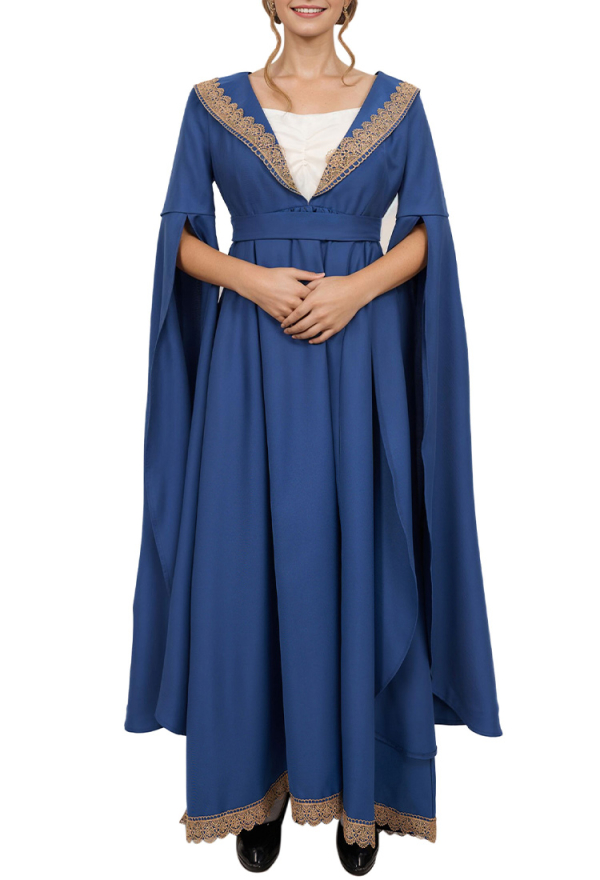 Elfenkleid Blau Ausgestellte Ärmel Hexenkleid Renaissance Cosplay 13. Jahrhundert Kleid mit Spitze Halloween Niedriger Kragen Party Kostüm