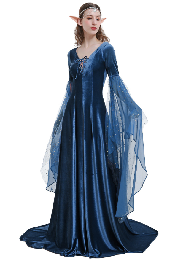 Robe Longue de Style Médiéval avec Col en V assorti Ceinture et Manches Longues