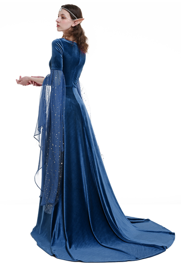 Robe Longue de Style Médiéval avec Col en V assorti Ceinture et Manches Longues