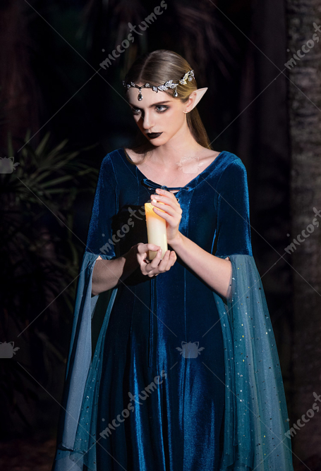Robe Longue de Style Médiéval avec Col en V assorti Ceinture et Manches Longues