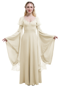 Medieval Renaissance Flower Fairy Elf Dress Khaki Retro Vintage Wide Sleeve Long Dress