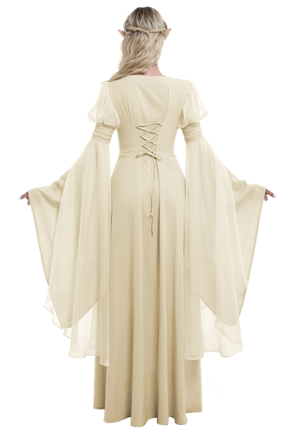 Mittelalterliches Renaissance Blumenfeen Elfenkleid Khaki Retro Vintage Langes Kleid mit weiten Ärmeln