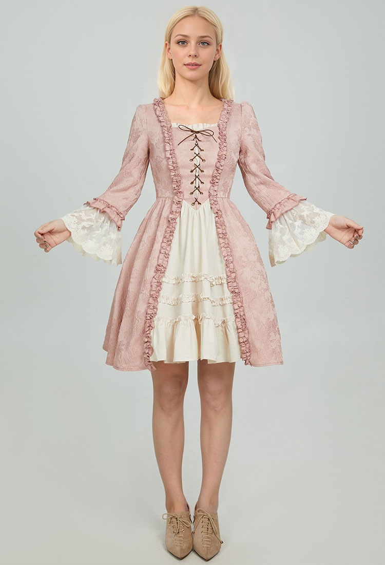 Medieval Renaissance Style Short Dress Rococo Lace Trumpet Sleeves Dress Cosplay Costume
