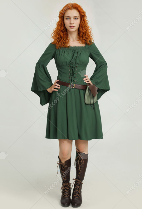 Green Medieval Dress Renaissance Square Neck Wide Sleeve Short Dress Cosplay Costume