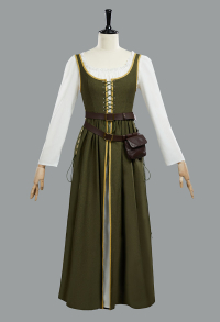 Medieval Renaissance Dress Olive Green Vintage Long Dress with Belt and Waist Bag