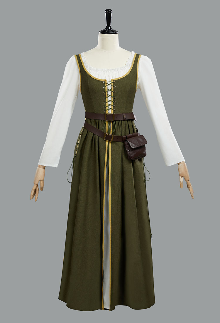 Medieval Renaissance Dress Olive Green Vintage Long Dress with Belt and Waist Bag