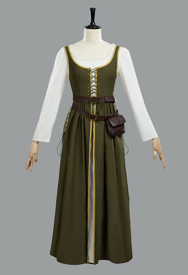 Medieval Renaissance Dress Olive Green Vintage Long Dress with Belt and Waist Bag