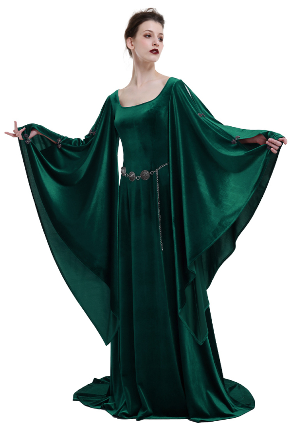 Médievale Renaissance Robe Historique Rétro Robe Celtique en Velours Vert Foncé à Manches Larges